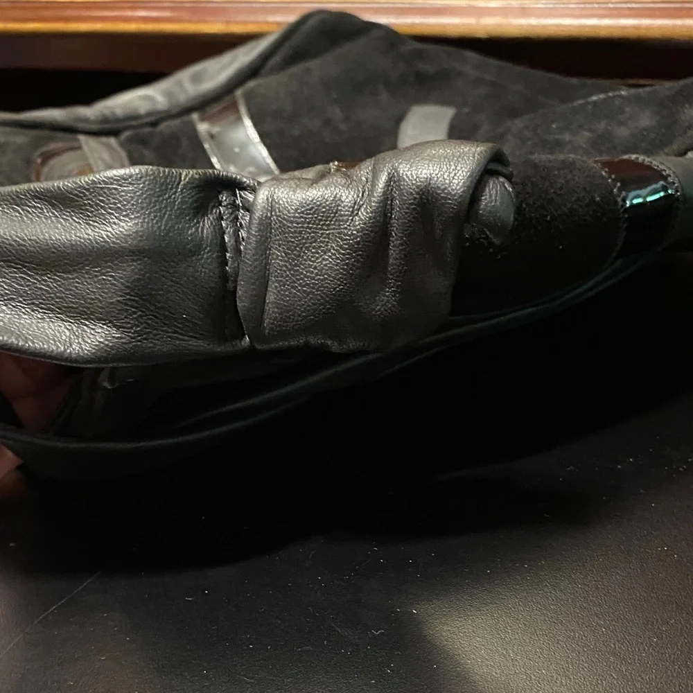 Black leather black suede and black patent Patchwork Shoulder Bag - Picture 14 of 14